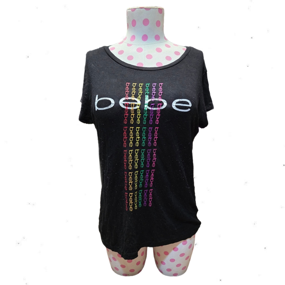 Bebe Black Tee with Multicolor Logo
